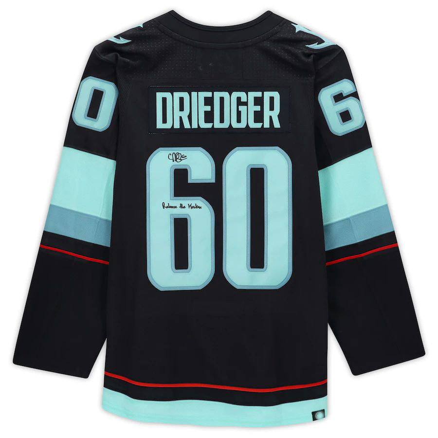 S.Kraken #60 Chris Driedger Fanatics Authentic Autographed with Inaugural Season Jersey Patch with Release the Kraken Inscription Blue Stitched American Hockey Jerseys