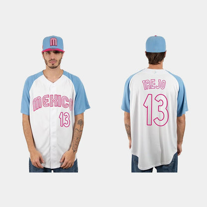 #13 ALAN TREJO MEXICO BASEBALL 2023 WORLD BASEBALL CLASSIC JERSEY ¡§C WHITE BLUE Stitches Baseball Jerseys