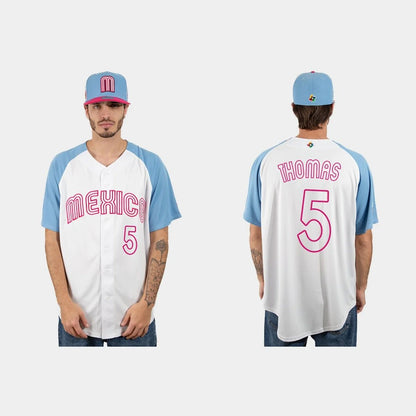 #5 ALEK THOMAS MEXICO BASEBALL 2023 WORLD BASEBALL CLASSIC JERSEY ¡§C WHITE BLUE Stitches Baseball Jerseys