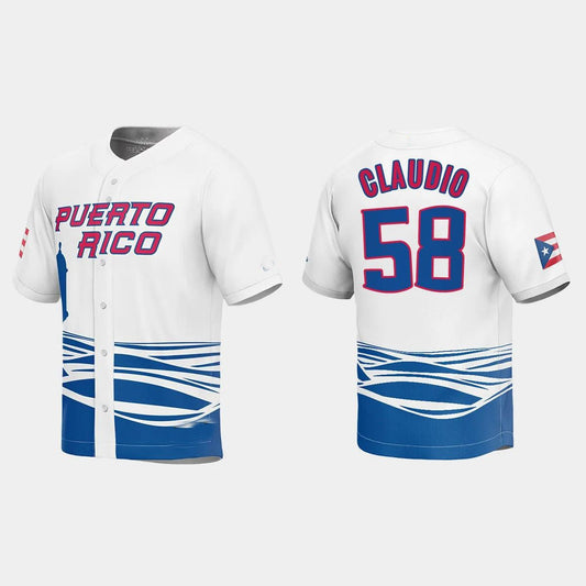 #58 ALEX CLAUDIO PUERTO RICO BASEBALL 2023 WORLD BASEBALL CLASSIC JERSEY ¡§C WHITE Stitches Baseball Jerseys