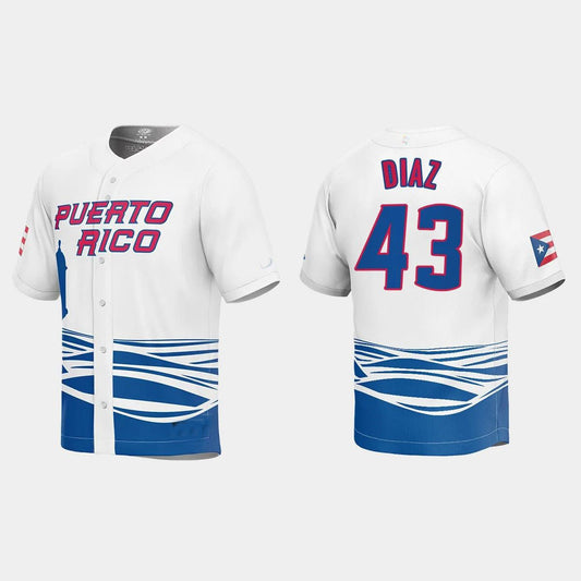 #43 ALEXIS DIAZ PUERTO RICO BASEBALL 2023 WORLD BASEBALL CLASSIC JERSEY ¡§C WHITE Stitches Baseball Jerseys