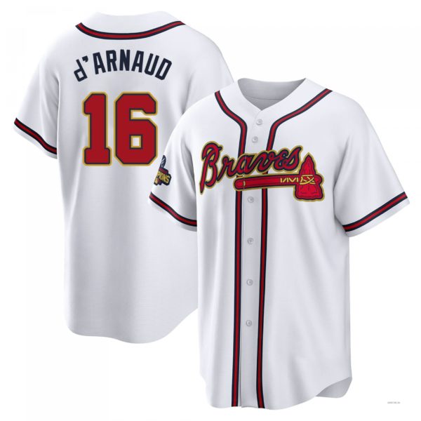 Atlanta Braves #16 Travis d?¡¥Arnaud Gold White 2022 Program Jersey Stitches Baseball Jerseys