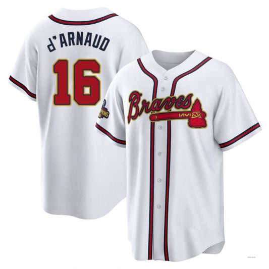 Atlanta Braves #16 Travis d?¡¥Arnaud Gold White 2022 Program Jersey Stitches Baseball Jerseys