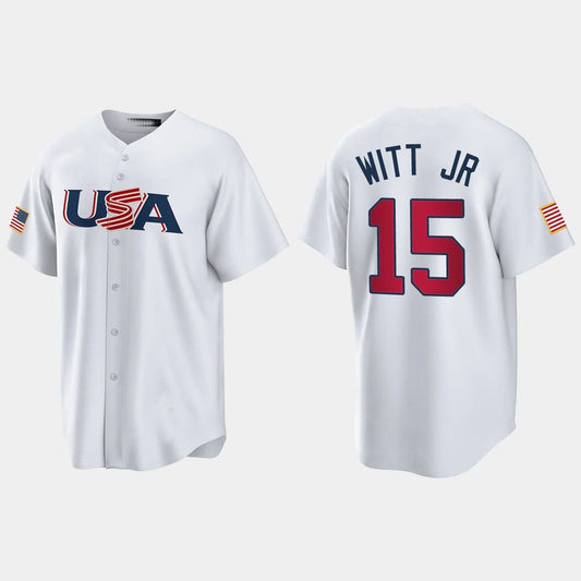 #15 BOBBY WITT JR. KANSAS CITY ROYALS 2023 WORLD BASEBALL CLASSIC USA REPLICA JERSEY ¡§C WHITE Stitches Baseball Jerseys