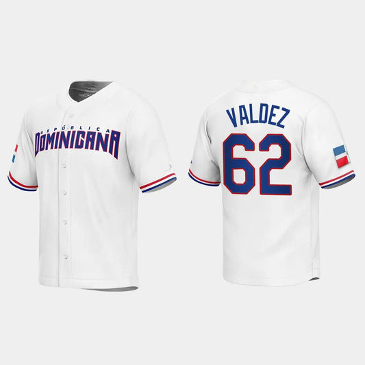 #62 CESAR VALDEZ DOMINICAN REPUBLIC BASEBALL 2023 WORLD BASEBALL CLASSIC REPLICA JERSEY ¡§C WHITE Stitches Baseball Jerseys