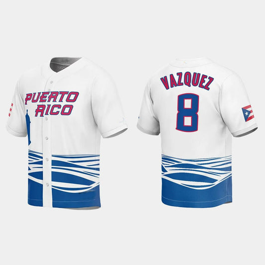 #8 CHRISTIAN VAZQUEZ PUERTO RICO BASEBALL 2023 WORLD BASEBALL CLASSIC JERSEY ¡§C WHITE Stitches Baseball Jerseys