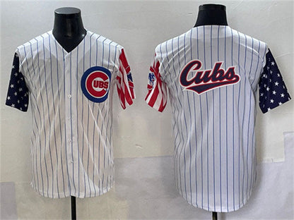Chicago Cubs Team Big Logo White Pinstripe 2025 Independence Day Vapor Premier Limited Stitched Baseball Jersey