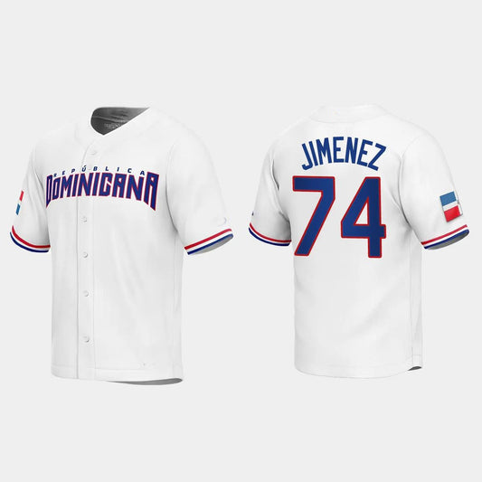 #74 ELOY JIMENEZ DOMINICAN REPUBLIC BASEBALL 2023 WORLD BASEBALL CLASSIC REPLICA JERSEY ¡§C WHITE Stitches Baseball Jerseys