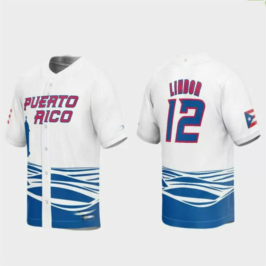 #12 Francisco Lindor Puerto Rico Baseball 2023 World Baseball Classic Replica Jersey ¡§C White Stitches Baseball Jerseys
