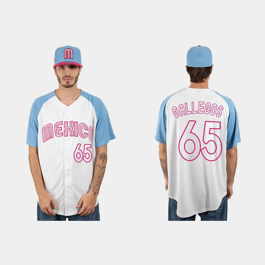 #65 GIOVANNY GALLEGOS MEXICO BASEBALL 2023 WORLD BASEBALL CLASSIC JERSEY ¡§C WHITE BLUE Stitches Baseball Jerseys