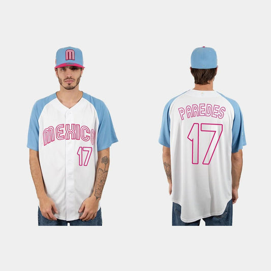#17 ISAAC PAREDES MEXICO BASEBALL 2023 WORLD BASEBALL CLASSIC JERSEY ¡§C WHITE BLUE Stitches Baseball Jerseys