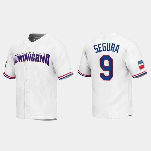 #9 JEAN SEGURA DOMINICAN REPUBLIC BASEBALL 2023 WORLD BASEBALL CLASSIC REPLICA JERSEY ¡§C WHITE  Stitches Baseball Jerseys