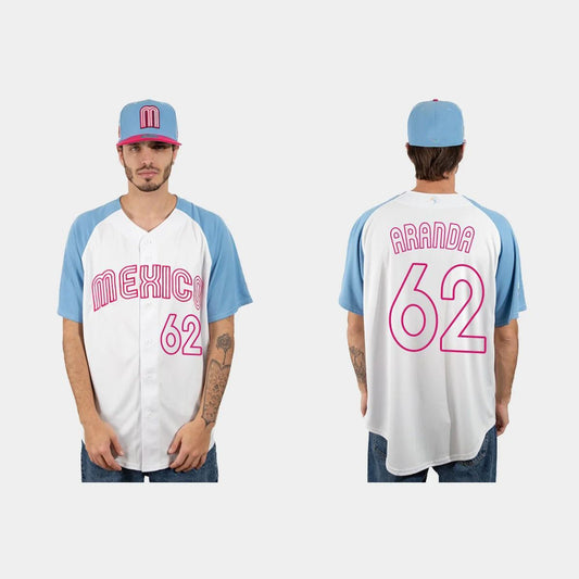 #62 JONATHAN ARANDA MEXICO BASEBALL 2023 WORLD BASEBALL CLASSIC JERSEY ¡§C WHITE BLUE Stitches Baseball Jerseys