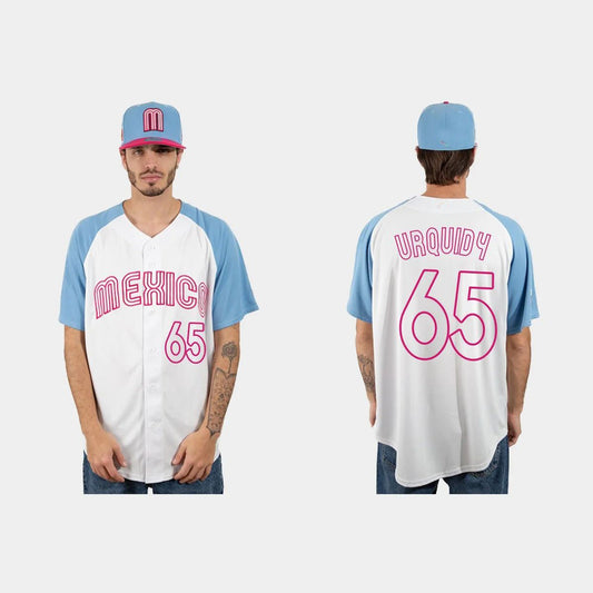 #65 JOSE URQUIDY MEXICO BASEBALL 2023 WORLD BASEBALL CLASSIC JERSEY ¡§C WHITE BLUE Stitches Baseball Jerseys