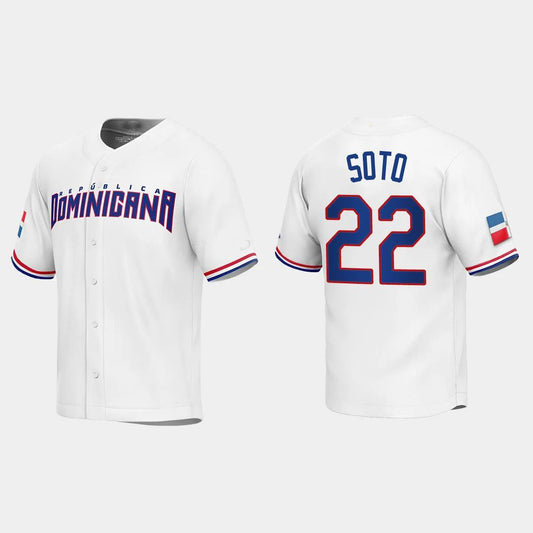 #22 JUAN SOTO DOMINICAN REPUBLIC BASEBALL 2023 WORLD BASEBALL CLASSIC REPLICA JERSEY ¡§C WHITE Stitches Baseball Jerseys