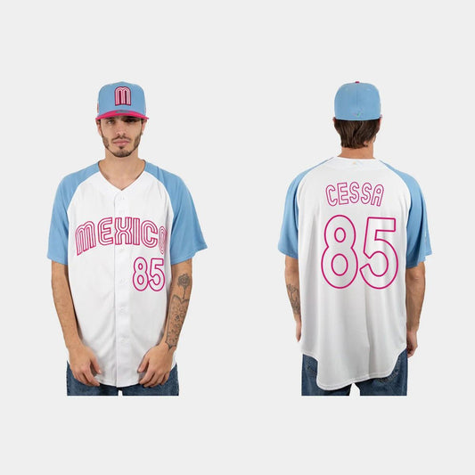 #85 LUIS CESSA MEXICO BASEBALL 2023 WORLD BASEBALL CLASSIC JERSEY ¡§C WHITE BLUE Stitches Baseball Jerseys