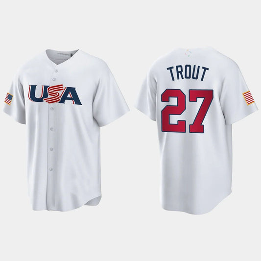 #27 MIKE TROUT LOS ANGELES ANGELS 2023 WORLD BASEBALL CLASSIC USA REPLICA JERSEY ¡§C WHITE Stitches Baseball Jerseys