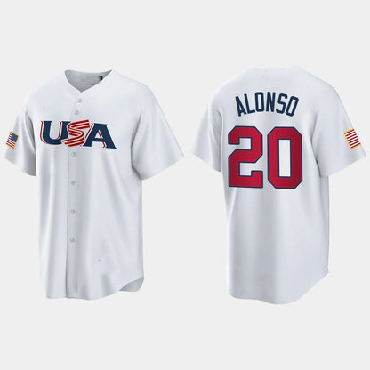 #20 PETE ALONSO NEW YORK METS 2023 WORLD BASEBALL CLASSIC USA REPLICA JERSEY ¡§C WHITE Stitches Baseball Jerseys