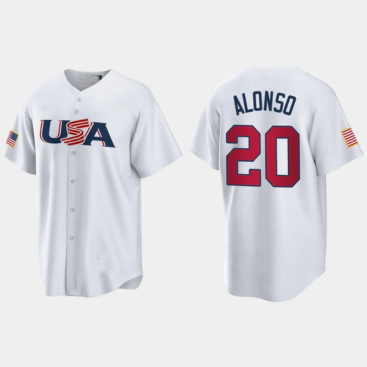 #20 PETE ALONSO NEW YORK METS 2023 WORLD BASEBALL CLASSIC USA REPLICA JERSEY ¡§C WHITE Stitches Baseball Jerseys