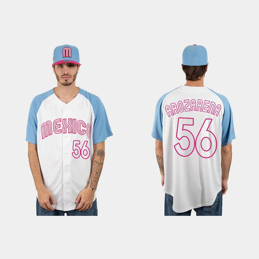 #56 RANDY AROZARENA MEXICO BASEBALL 2023 WORLD BASEBALL CLASSIC JERSEY ¡§C WHITE BLUE Stitches Baseball Jerseys