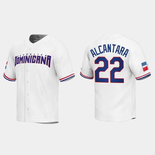#22 SANDY ALCANTARA DOMINICAN REPUBLIC BASEBALL 2023 WORLD BASEBALL CLASSIC REPLICA JERSEY ¡§C WHITE Stitches Baseball Jerseys