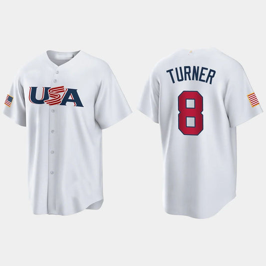 #8 TREA TURNER PHILADELPHIA PHILLIES 2023 WORLD BASEBALL CLASSIC USA REPLICA JERSEY ¡§C WHITE Stitches Baseball Jerseys