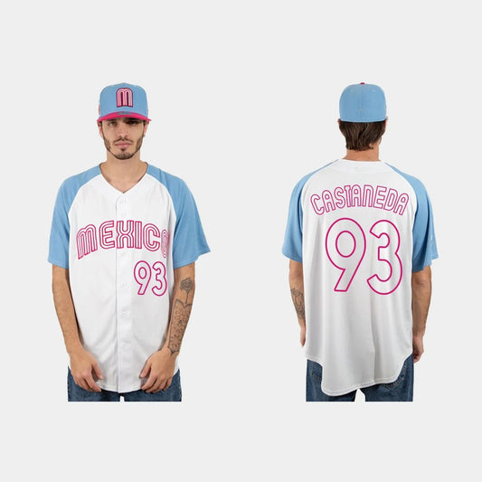 #93 VICTOR CASTANEDA MEXICO BASEBALL 2023 WORLD BASEBALL CLASSIC JERSEY ¡§C WHITE BLUE Stitches Baseball Jerseys