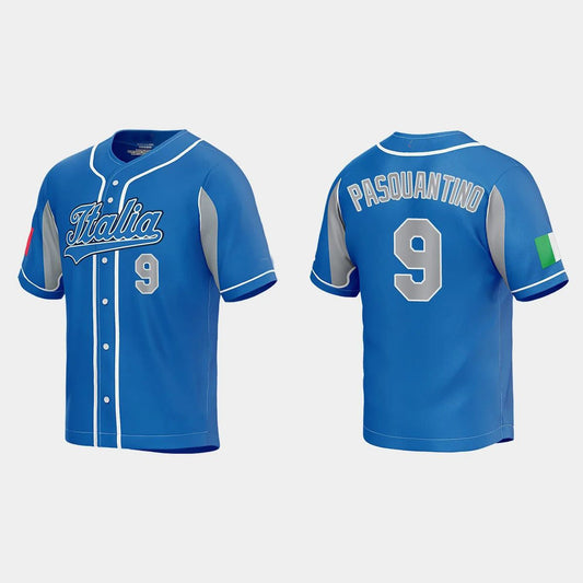 #9 VINNIE PASQUANTINO ITALY BASEBALL 2023 WORLD BASEBALL CLASSIC JERSEY ¡§C ROYAL Stitches Baseball Jerseys
