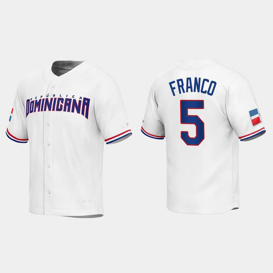 #5 WANDER FRANCO DOMINICAN REPUBLIC BASEBALL 2023 WORLD BASEBALL CLASSIC REPLICA JERSEY ¡§C WHITE Stitches Baseball Jerseys
